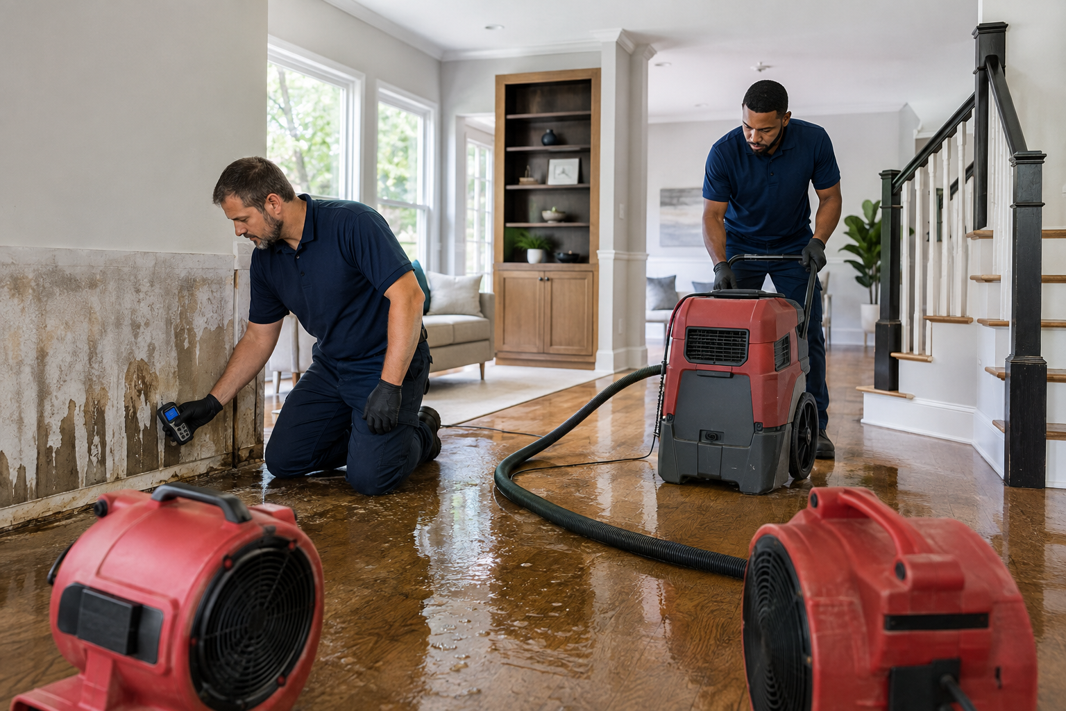 Professional water damage restoration equipment operating inside a home